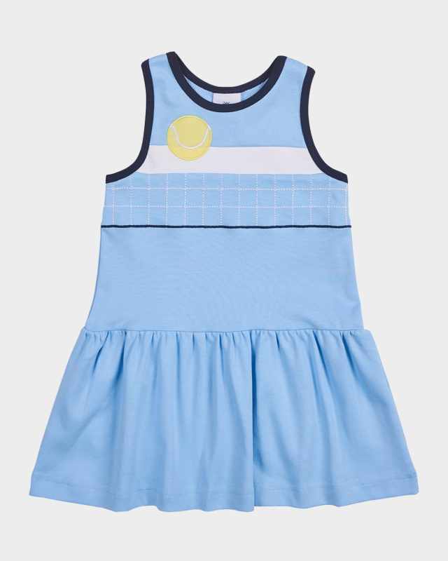 Girl's Tennis Ball and Net Embroidered Knit Dress, Size 2-6